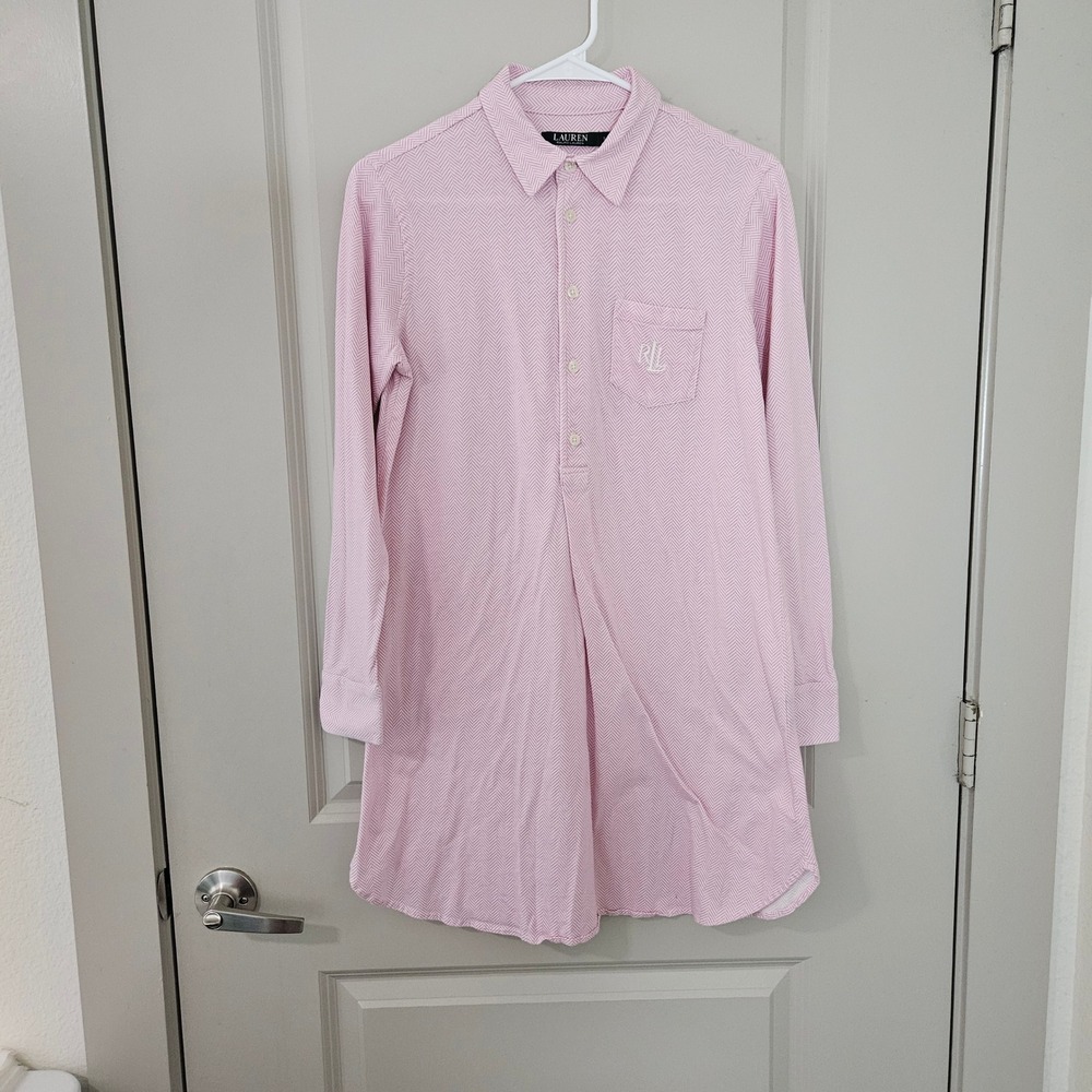 Lauren Ralph Lauren Pink Herringbone Knit Sleep Shirt Nightgown Small RLL Logo